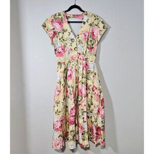 Vintage Carol Anderson Yellow Floral Button-Down Cotton Dress Cottagecore Sz 14